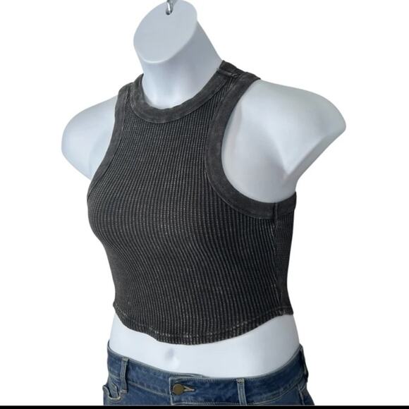Forever 21 Ribbed Cropped Waffle Knit Muscle Tank Grey Black Size Small - Picture 7 of 11